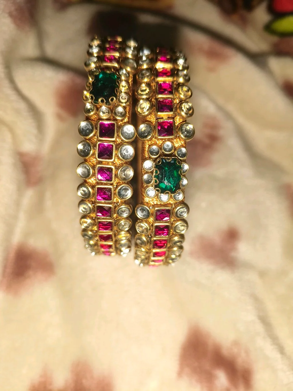 Traditional Gold Theard Silk Theard Bangleswith Ruby and Emerald Stones thumbnail 1