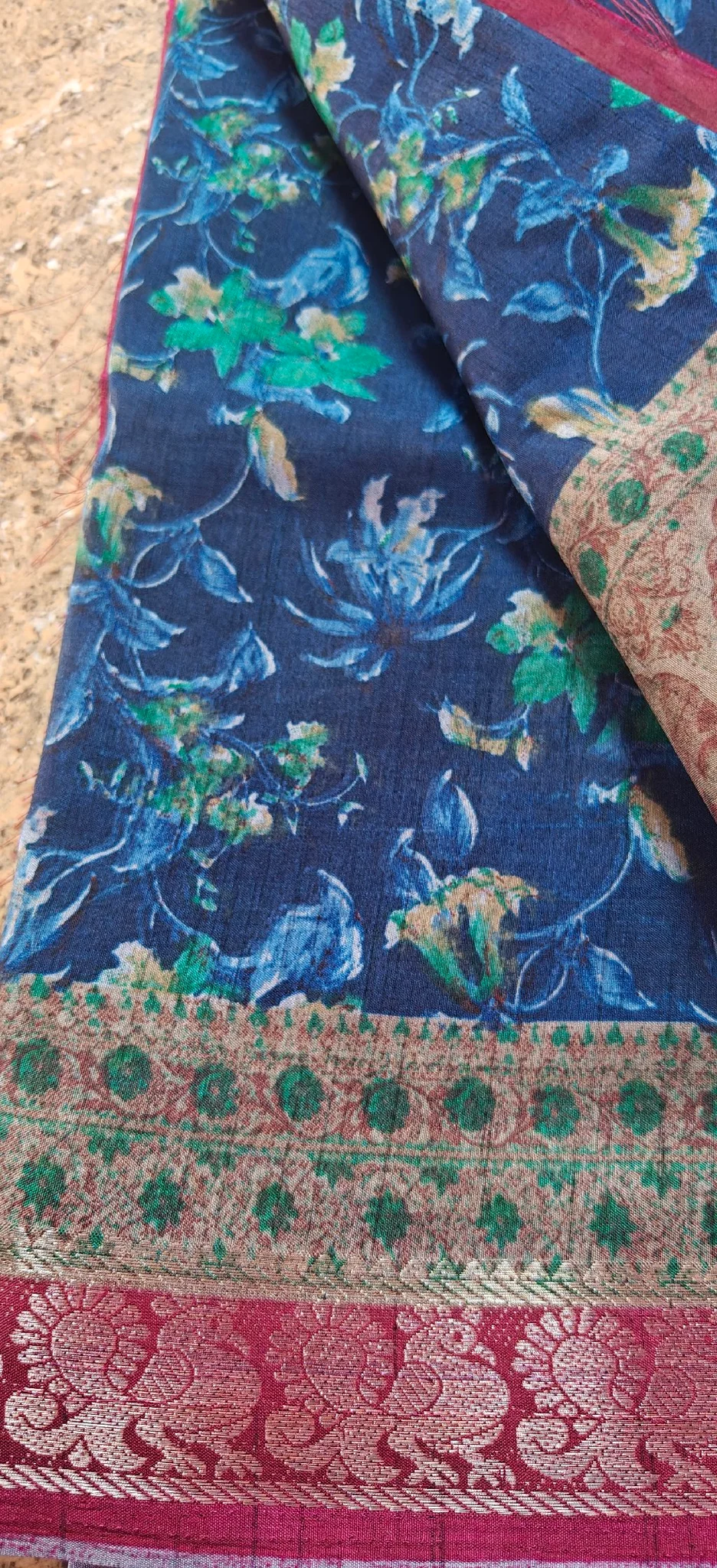 Dark Blue Floral Saree with Traditional Maroon Zari Border thumbnail 3