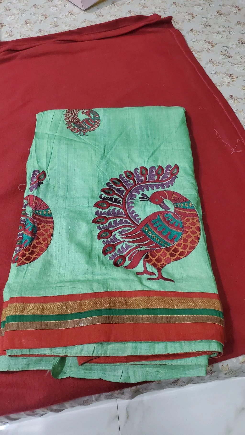 Light Green Tusser Silk Saree with Peacock  అప్లికేషన్ Motifs and  Fancy Border 1