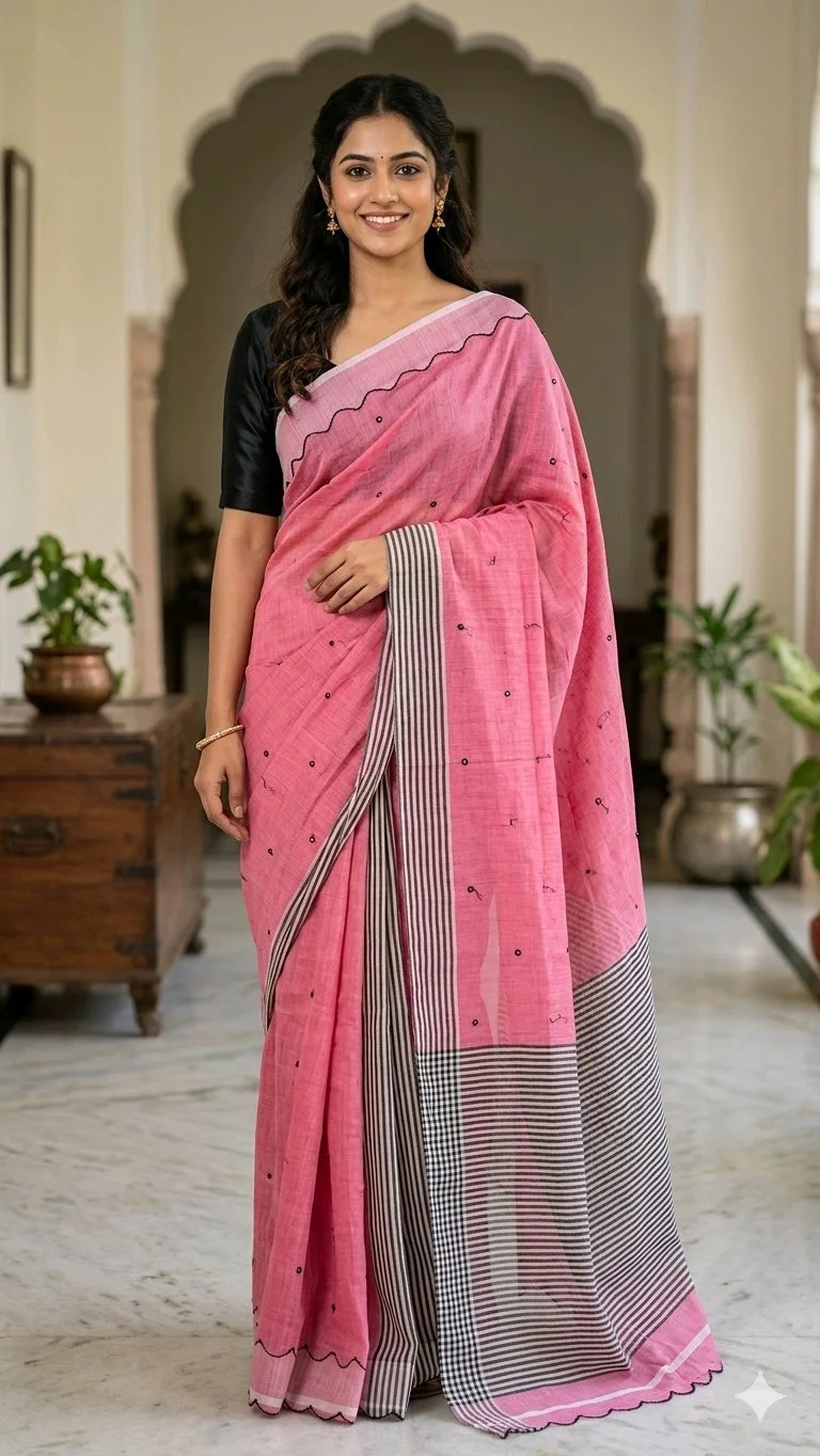 Onion Pink Colour Lenin Cotton Saree 1