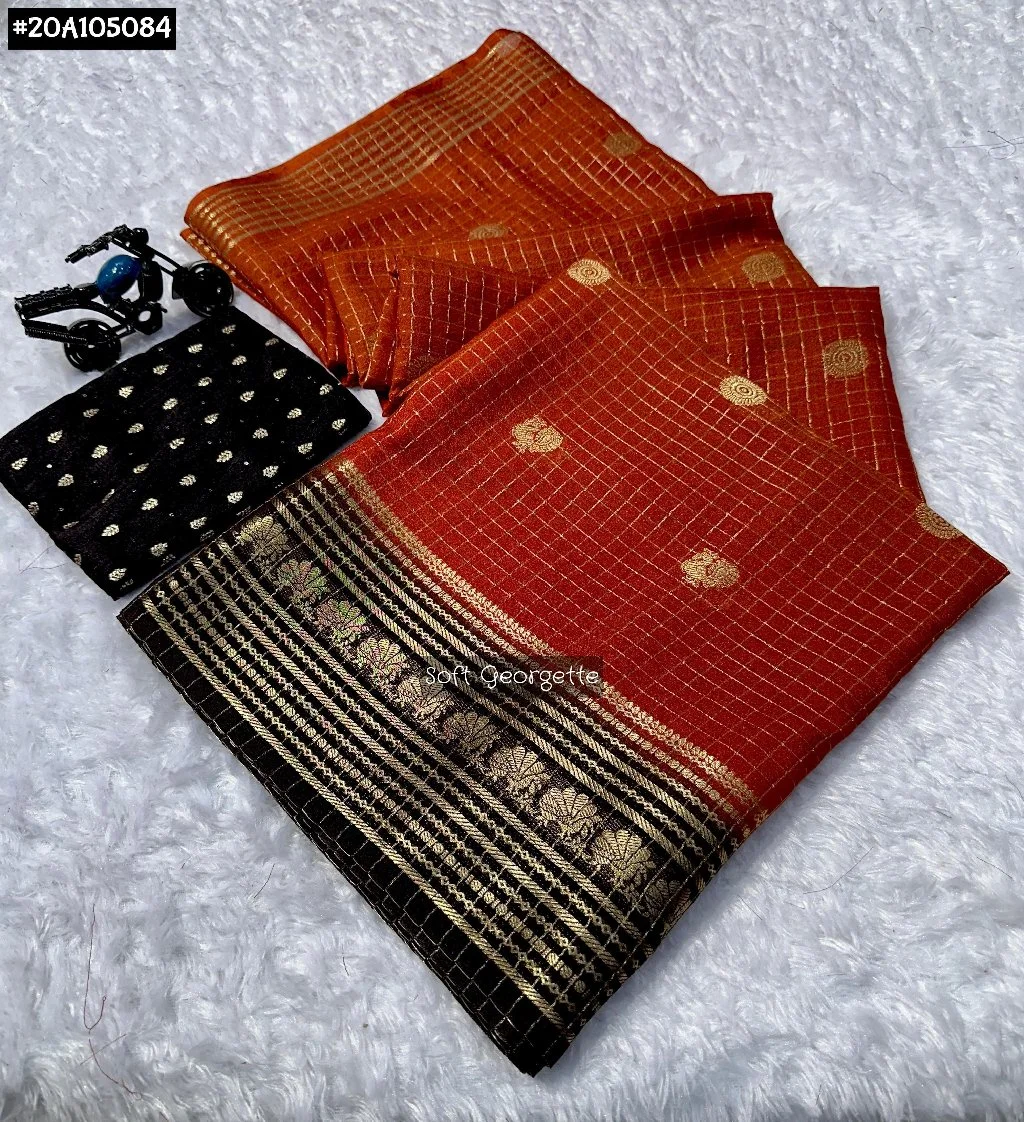 Soft Georgette Checkered Saree with Zari Border thumbnail 1