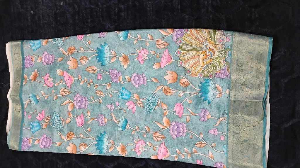 Aqua Blue Floral Silk Blend Saree with Peacock Elephant Zari Border 2