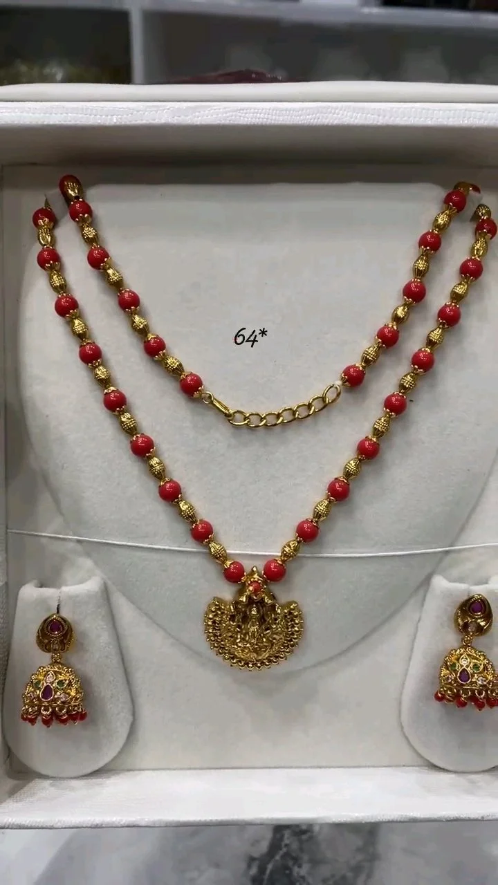 Gold Plated Red Beaded Lakshmi Necklace Set with Jhumka Earrings