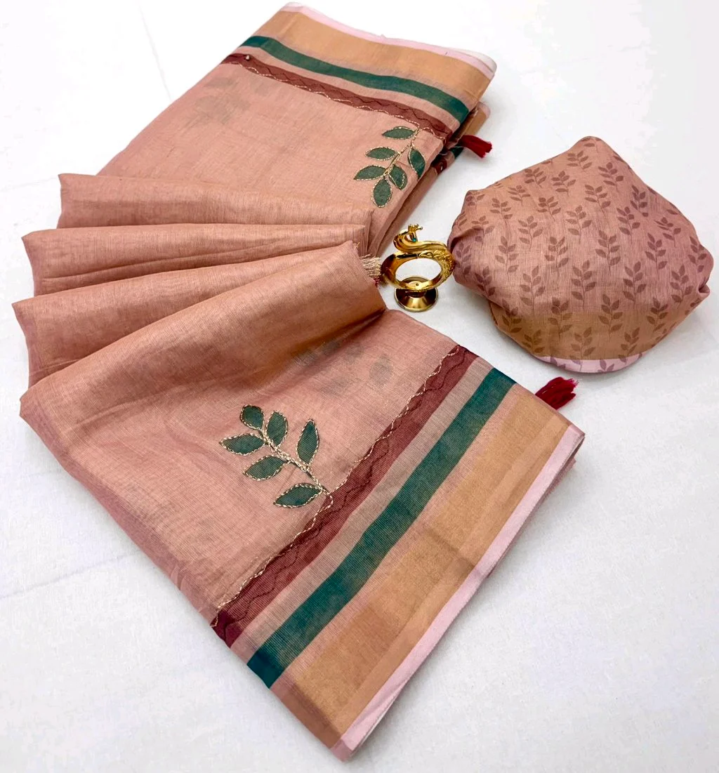Pink Linen Blend Saree with Leaf Embroidery and Striped Border thumbnail 2