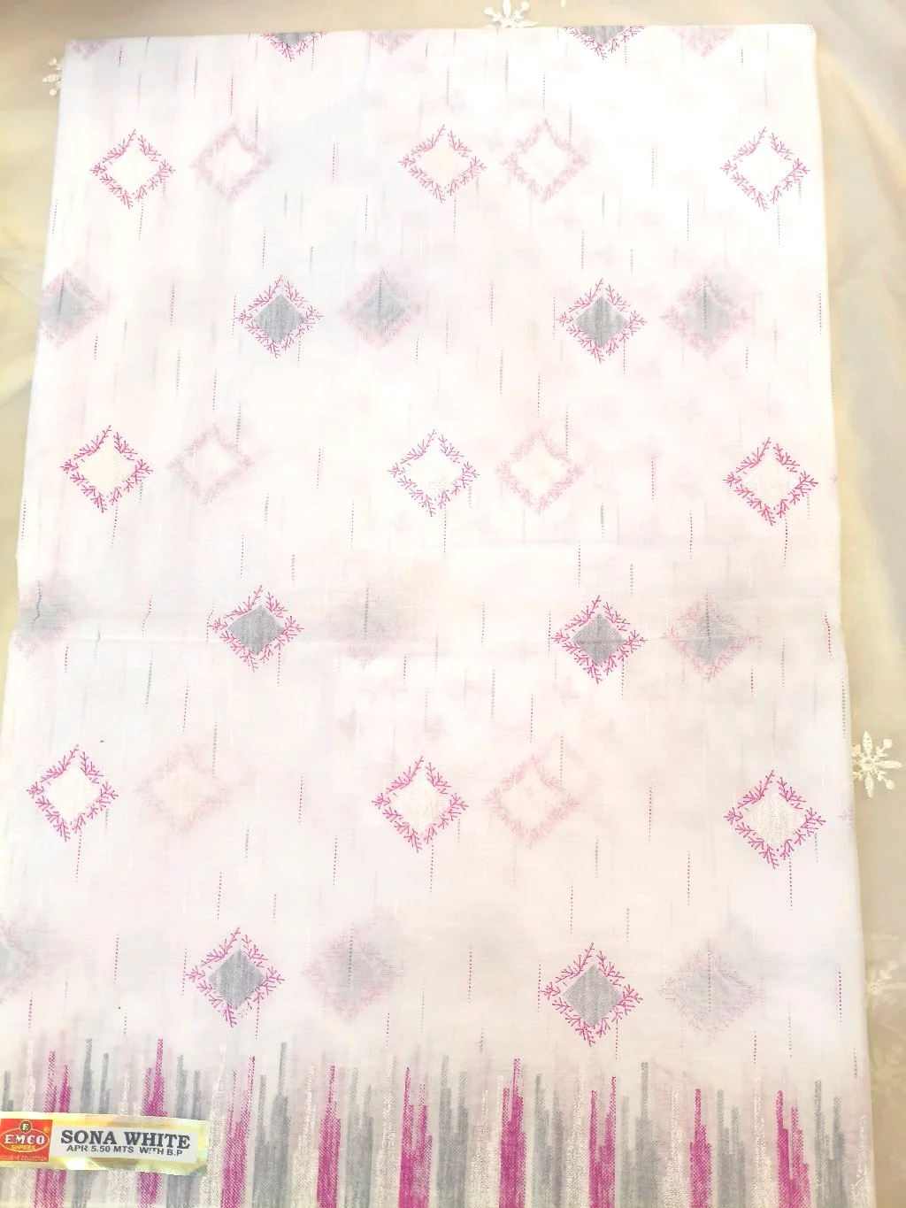 White Floral and Birdcage Printed Cotton Sarees with Border 2