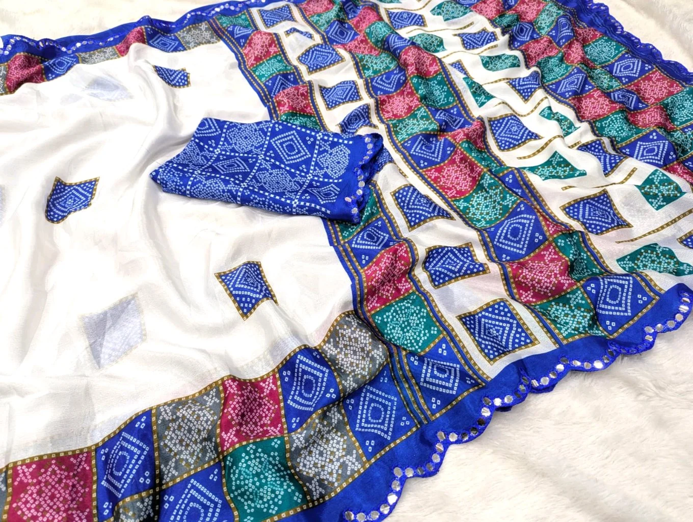 Turkey Silk Saree With Bandhani Print Material with Mirror Work thumbnail 9