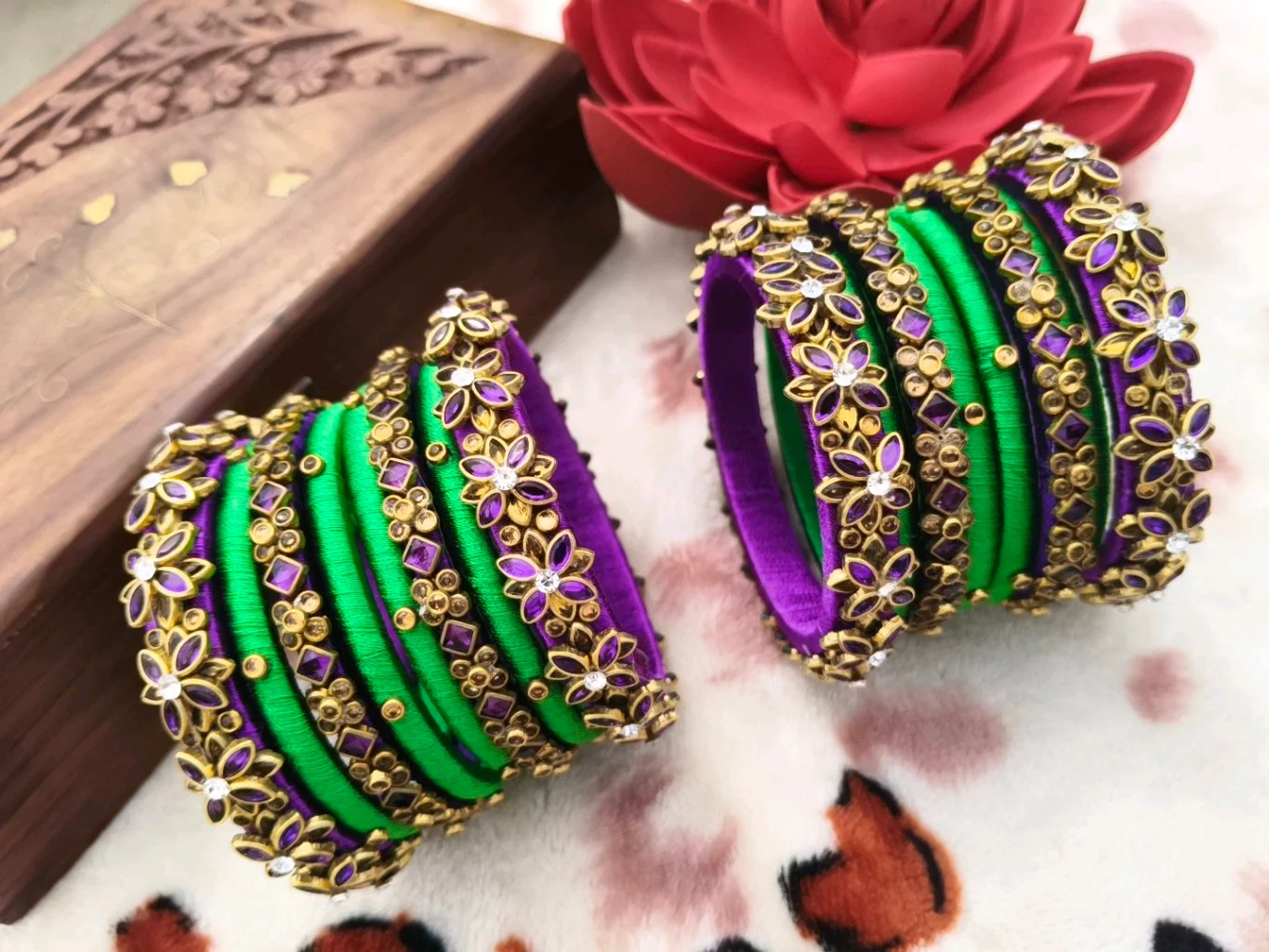 Green and Purple Silk Thread Bangles with Floral Embellishments