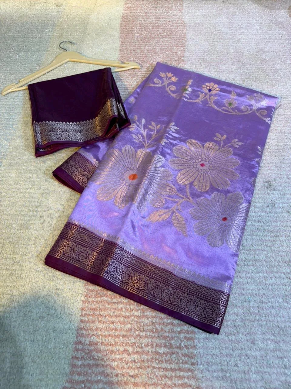 Red Silk Blend Saree with Teal Zari and Floral Design 4