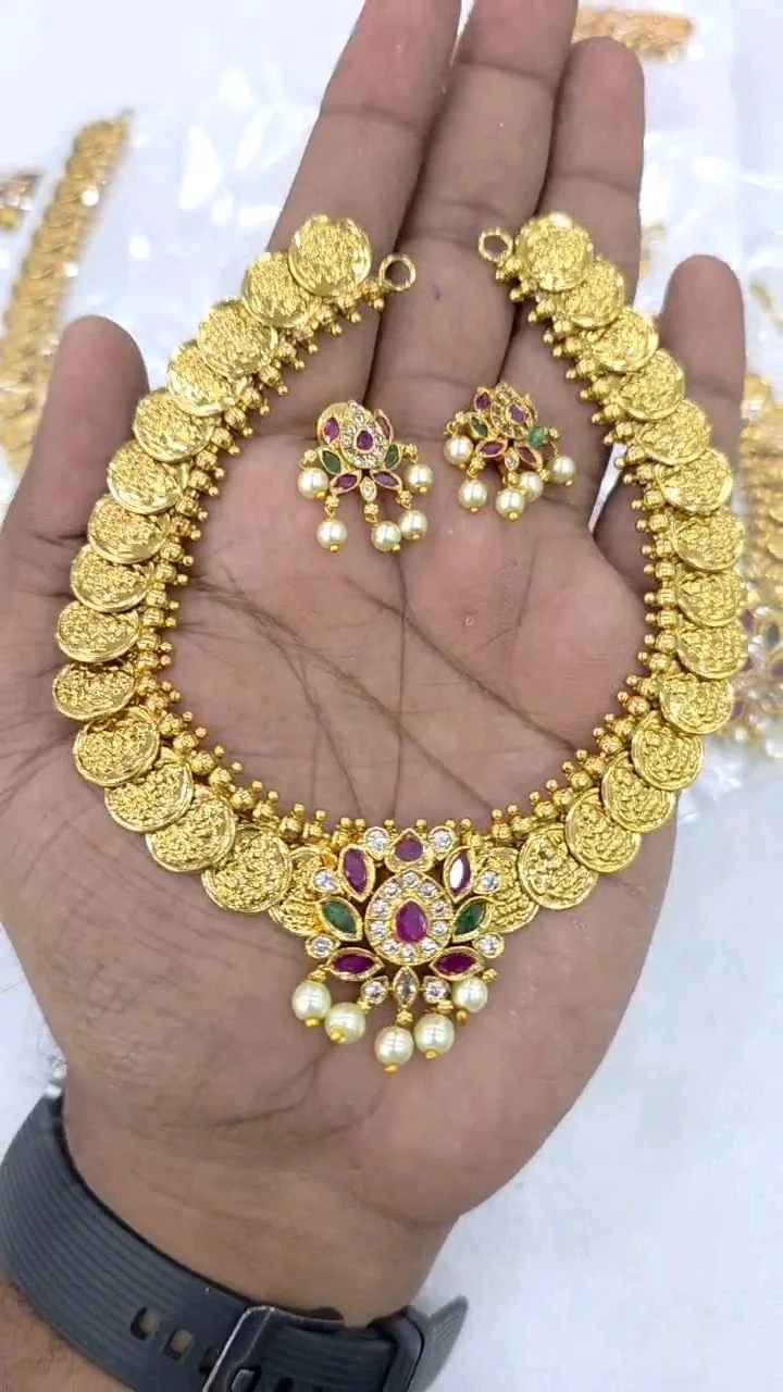 Gold Plated Lakshmi Coin Necklace Set with Earrings