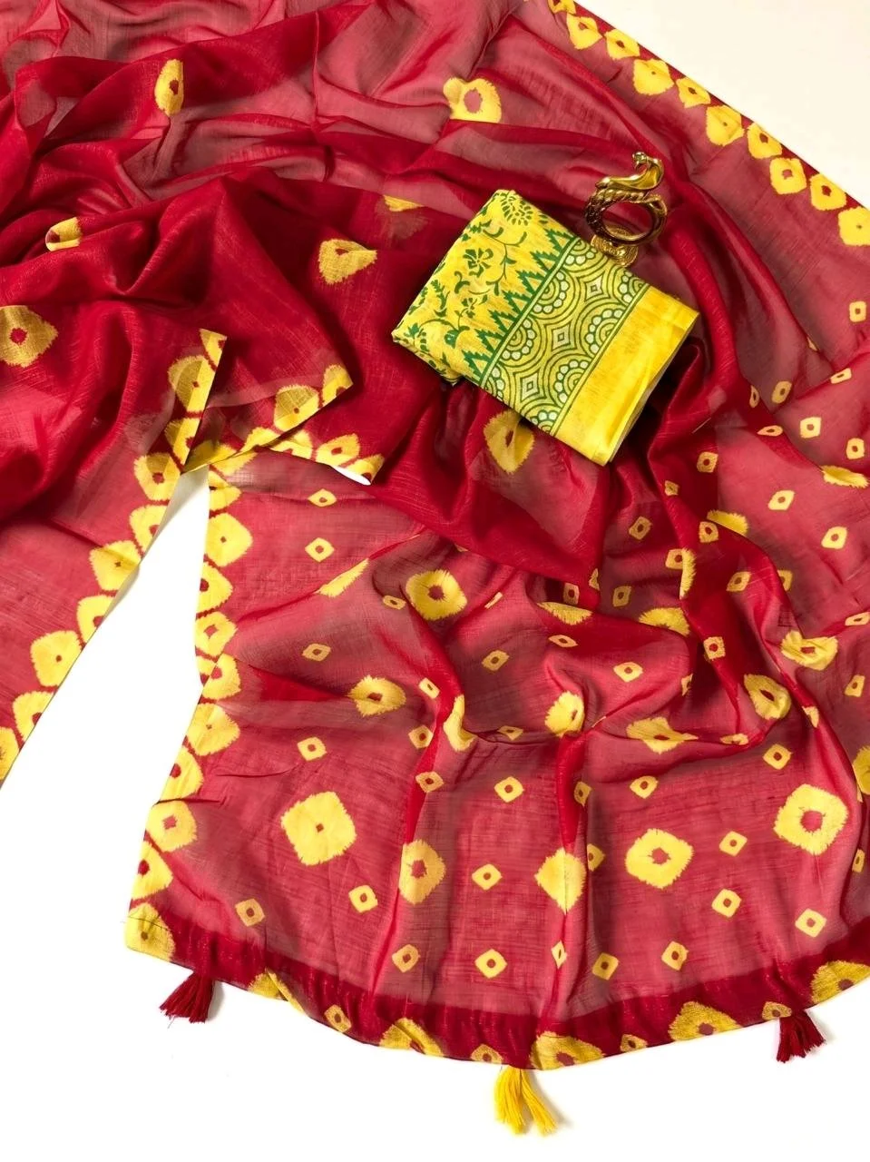Teal Blue Cotton Saree with Yellow Bandhani Print thumbnail 7