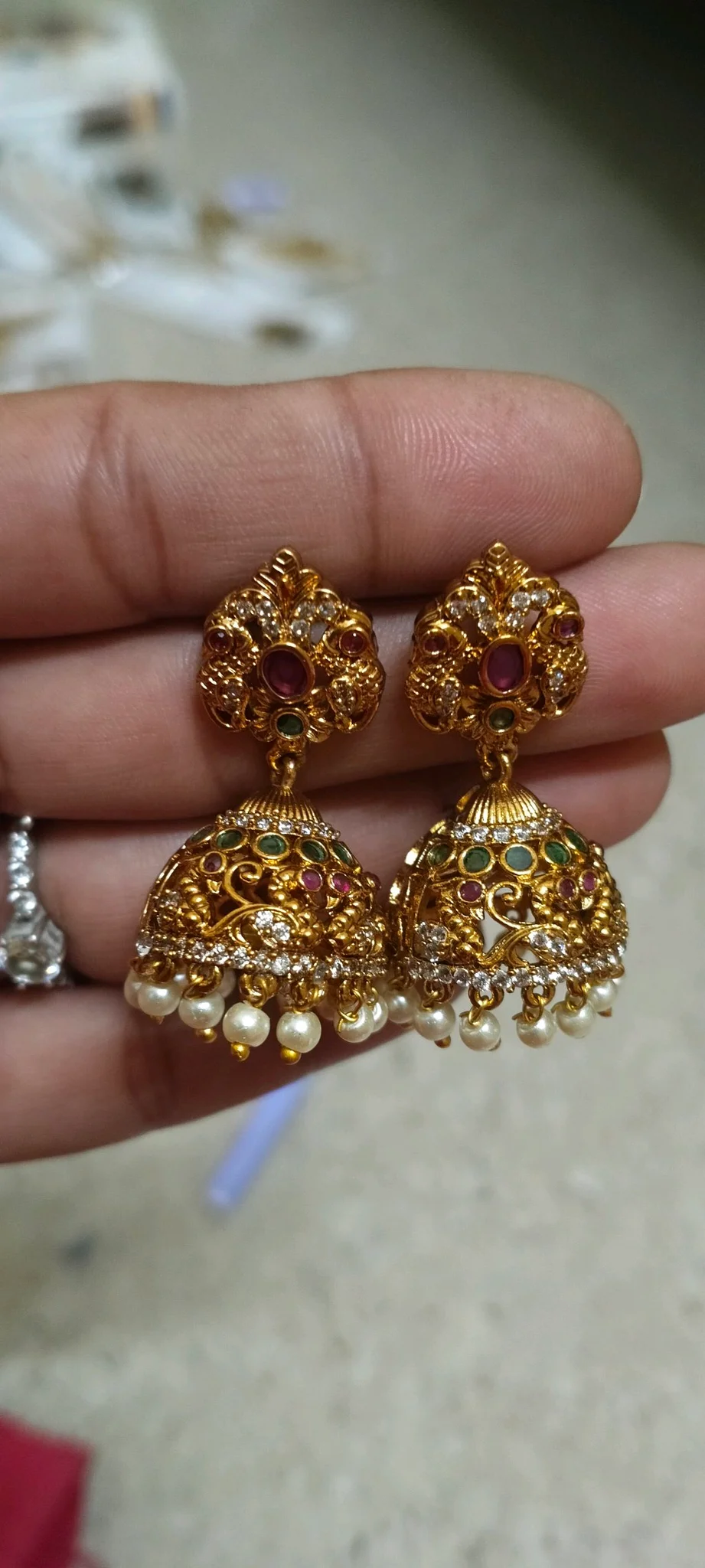 Gold Plated Jhumka Earrings with Ruby Emerald and Pearls