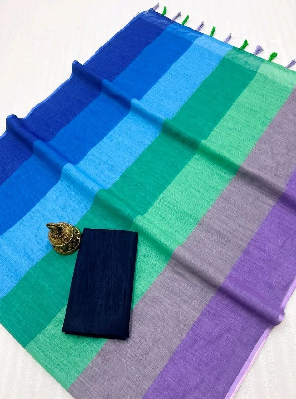 Vibrant Multicolor Plain Linen Cotton Saree with Tassels thumbnail 5