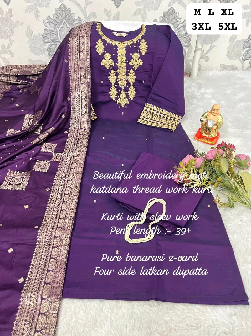 Purple Embroidered Kurta Set with Banarasi Dupatta 2