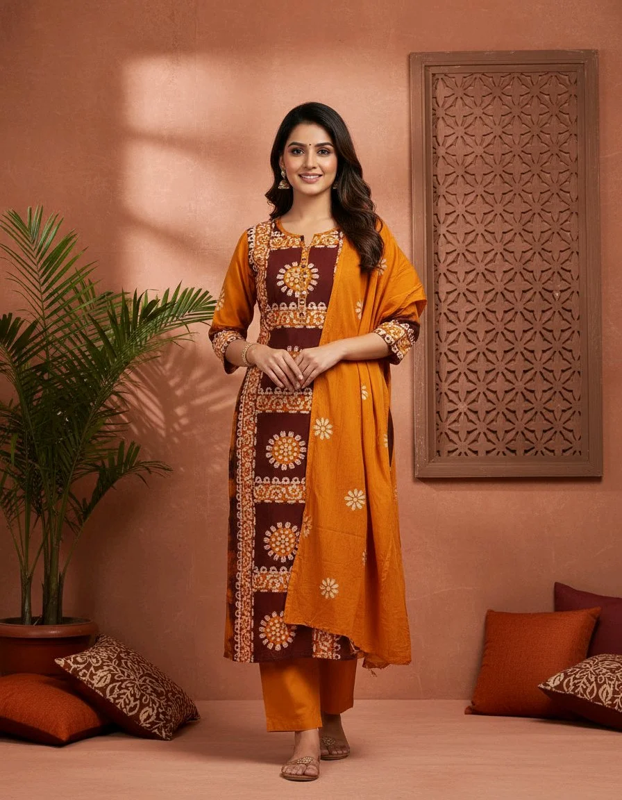 Brown and Orange Batik Print Kurta Pant Dupatta Set