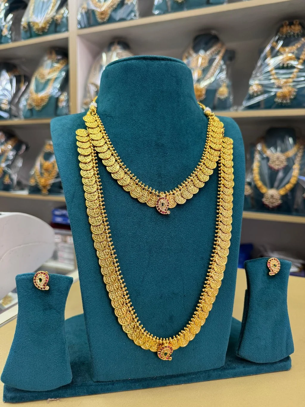 Gold Toned Layered Kasu Mala Necklace Set