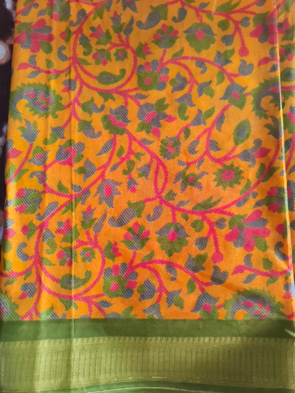 Yellow Floral Cotton Saree with Green Border thumbnail 1