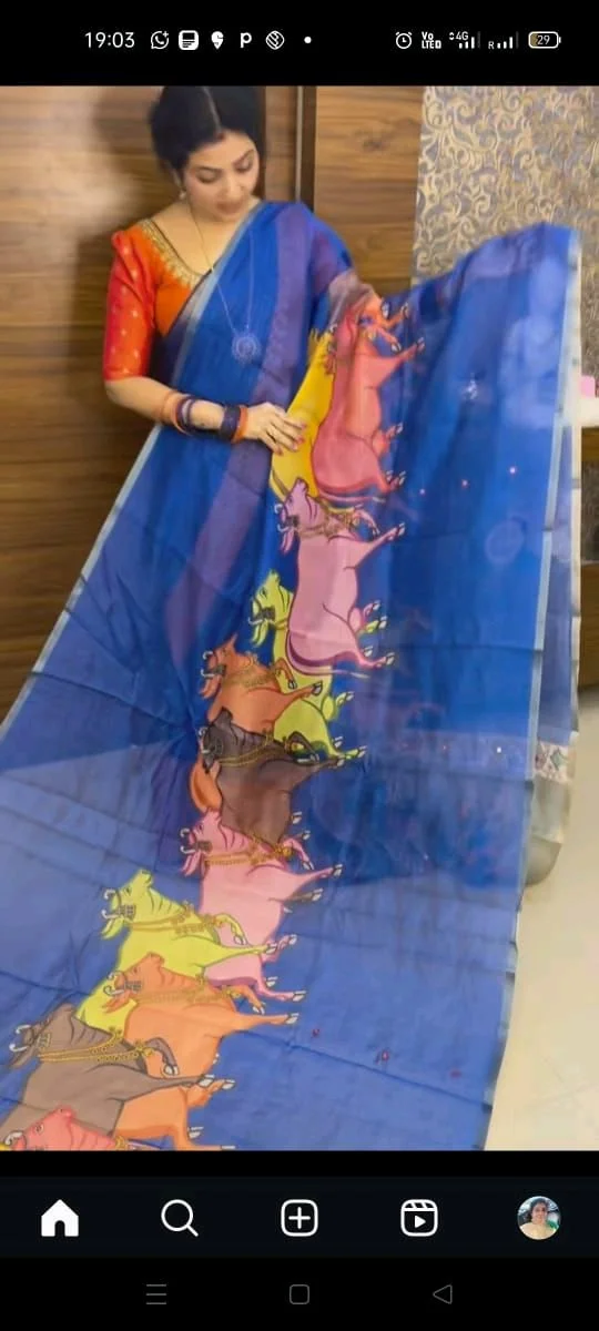 Linen Cotton Saree with Kalamkari Print Blouse 6