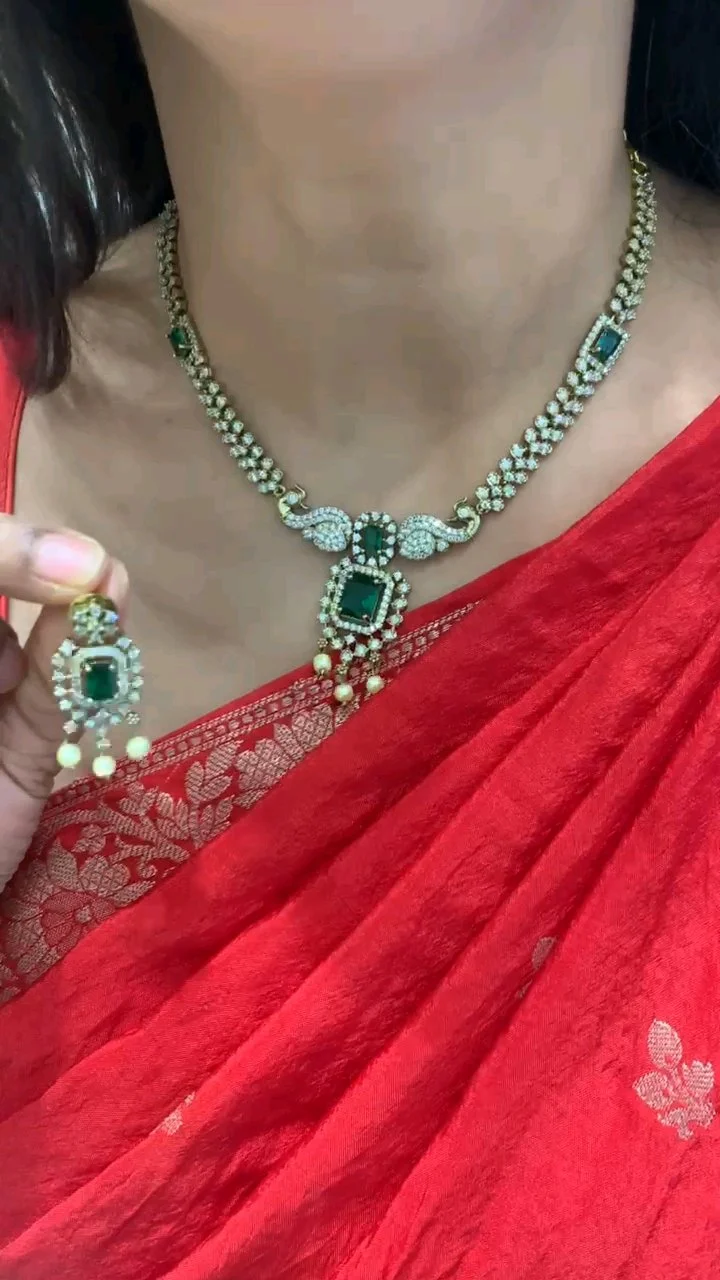 Gold Plated Green Stone and AD Necklace Set with Earrings