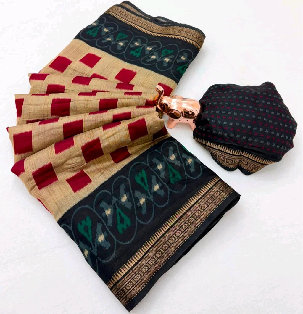 Beige and Black Ikat Print Saree with Red Checks thumbnail 1