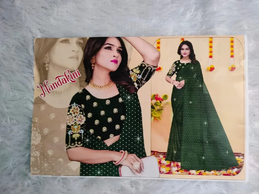 Two Dark Green Embroidered Saree Set with Unstitched Blouse 3