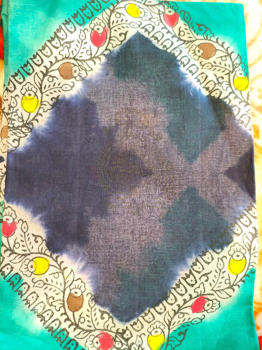 Teal Blue Tie-Dye Cotton Saree with Floral Border 2