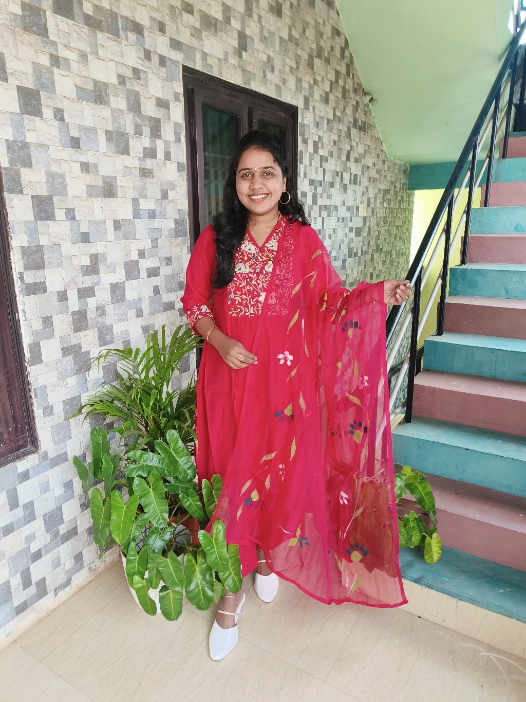Red Embroidered Kurta Set with Floral Dupatta