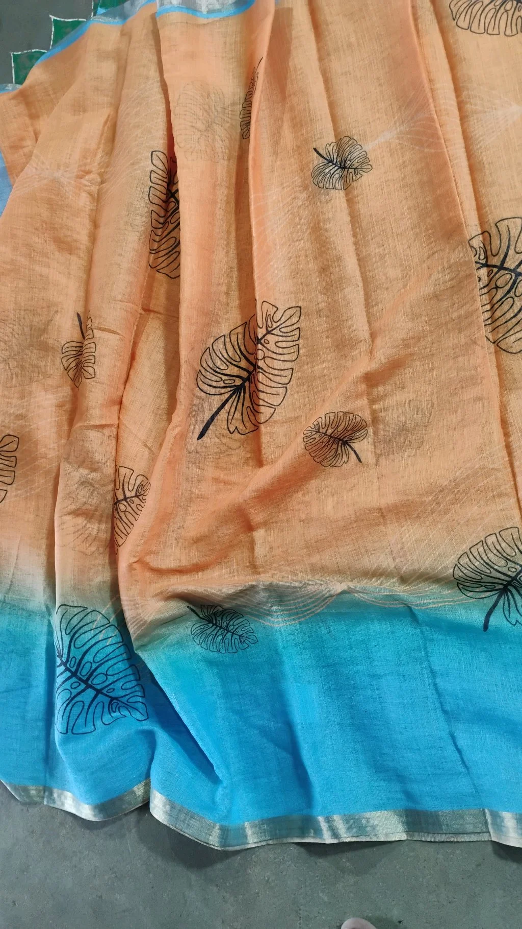 Peach Blue Ombre Linen Saree with Leaf Print thumbnail 2