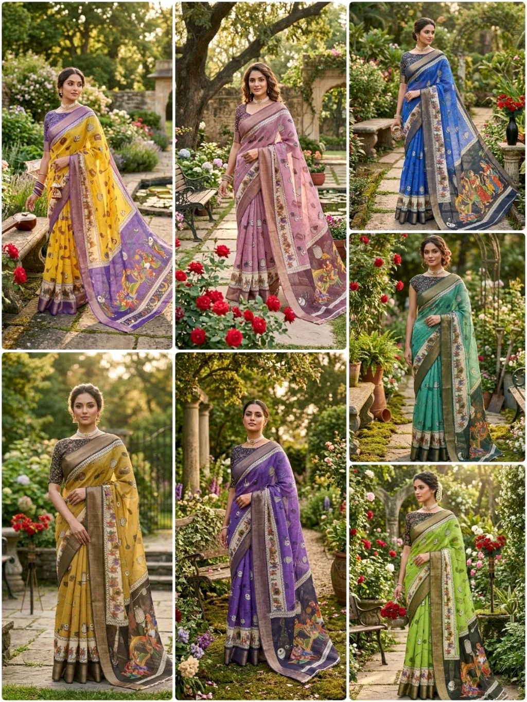 Linen Blend Saree with Traditional Art Print Pallu 1