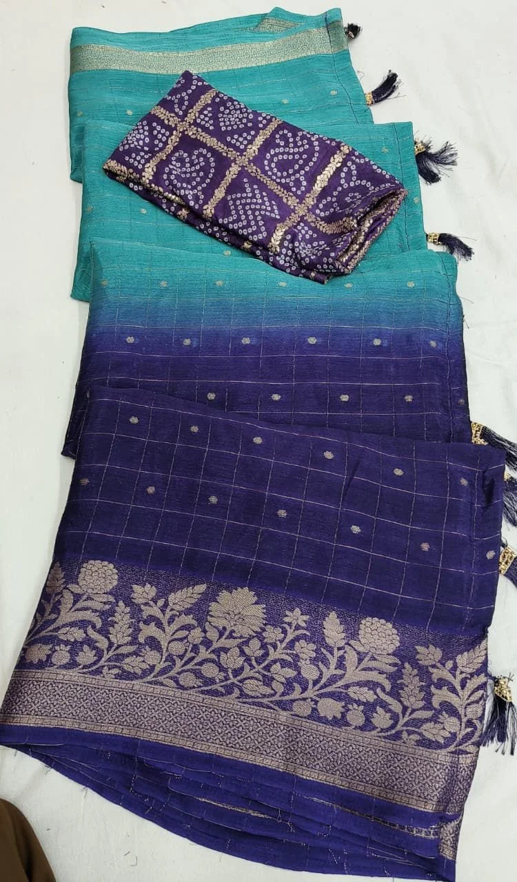 Dual Tone Turquoise and Royal Blue Saree with Zari Border and Bandhani Blouse thumbnail 2