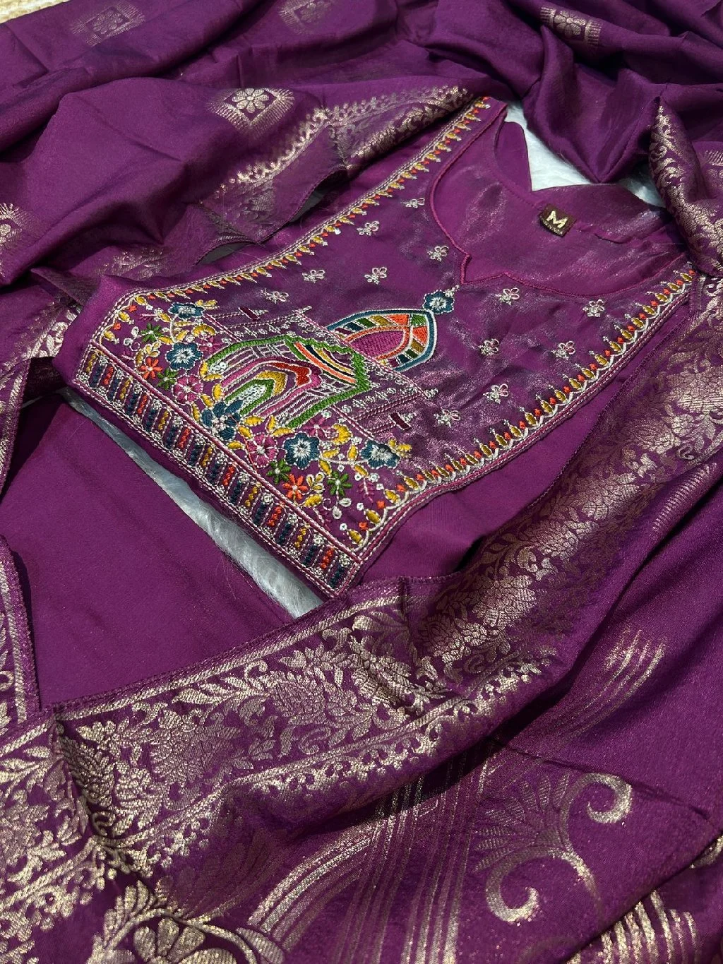 Purple Embroidered Silk Blend Unstitched Suit Set 1