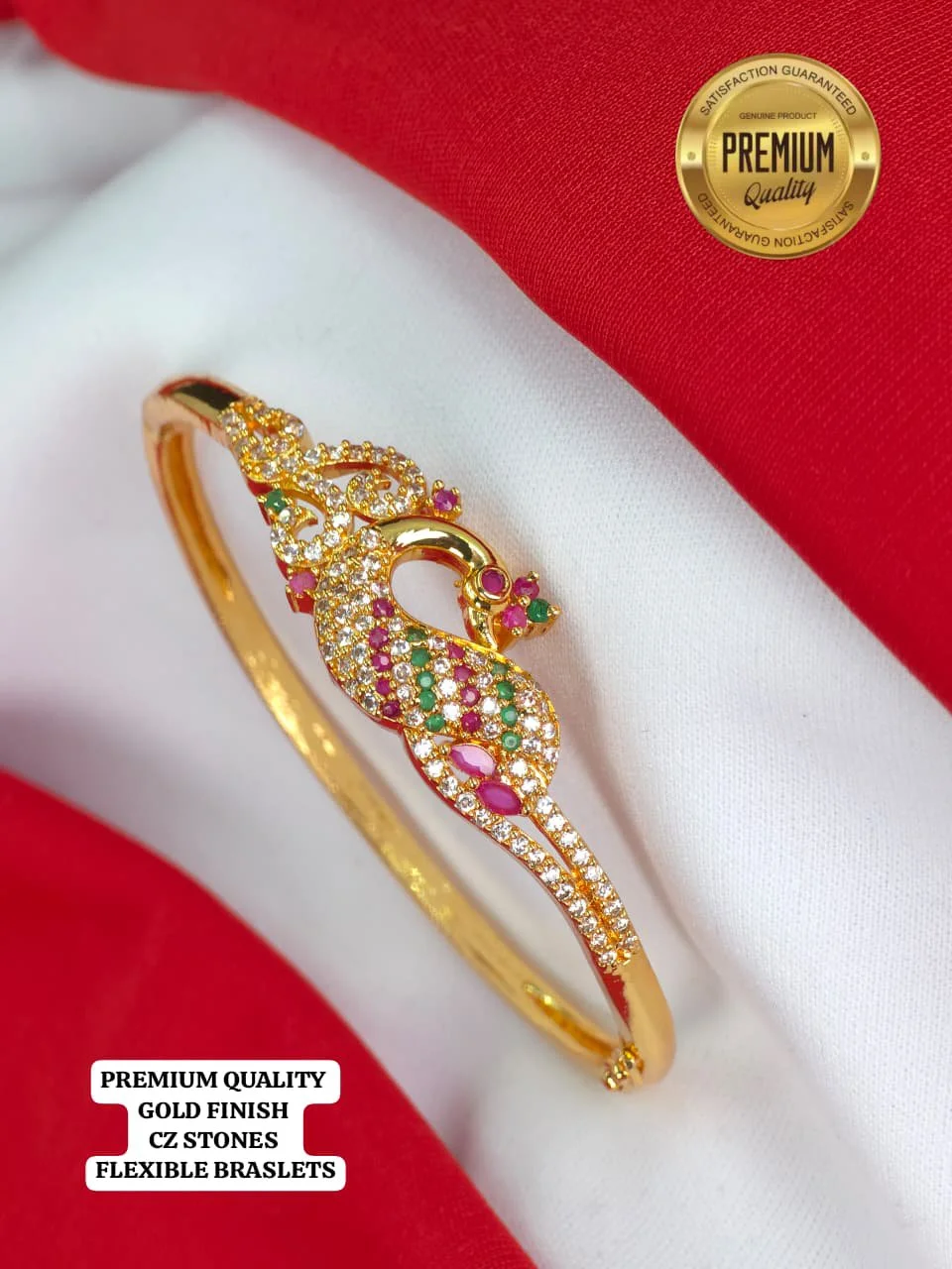 Gold Finish Peacock Design Flexible Bracelet with CZ Stones 2