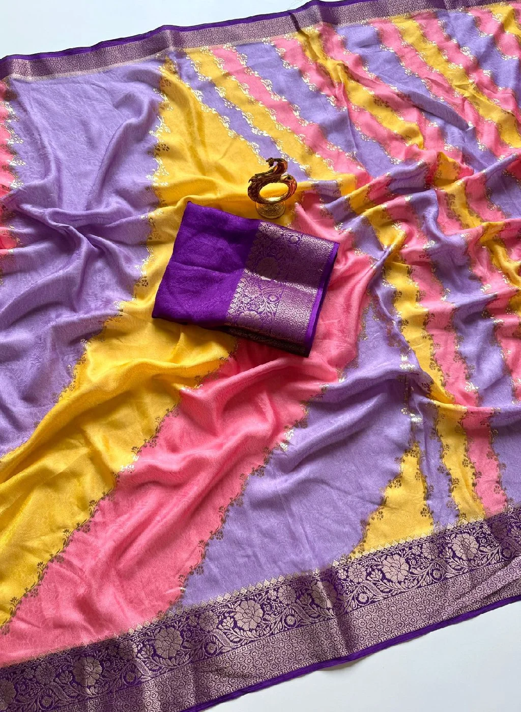 Pink Yellow and Gold Striped Saree with Zari Border SOFT self JACQUARD MARSHMELLOW Saree thumbnail 2