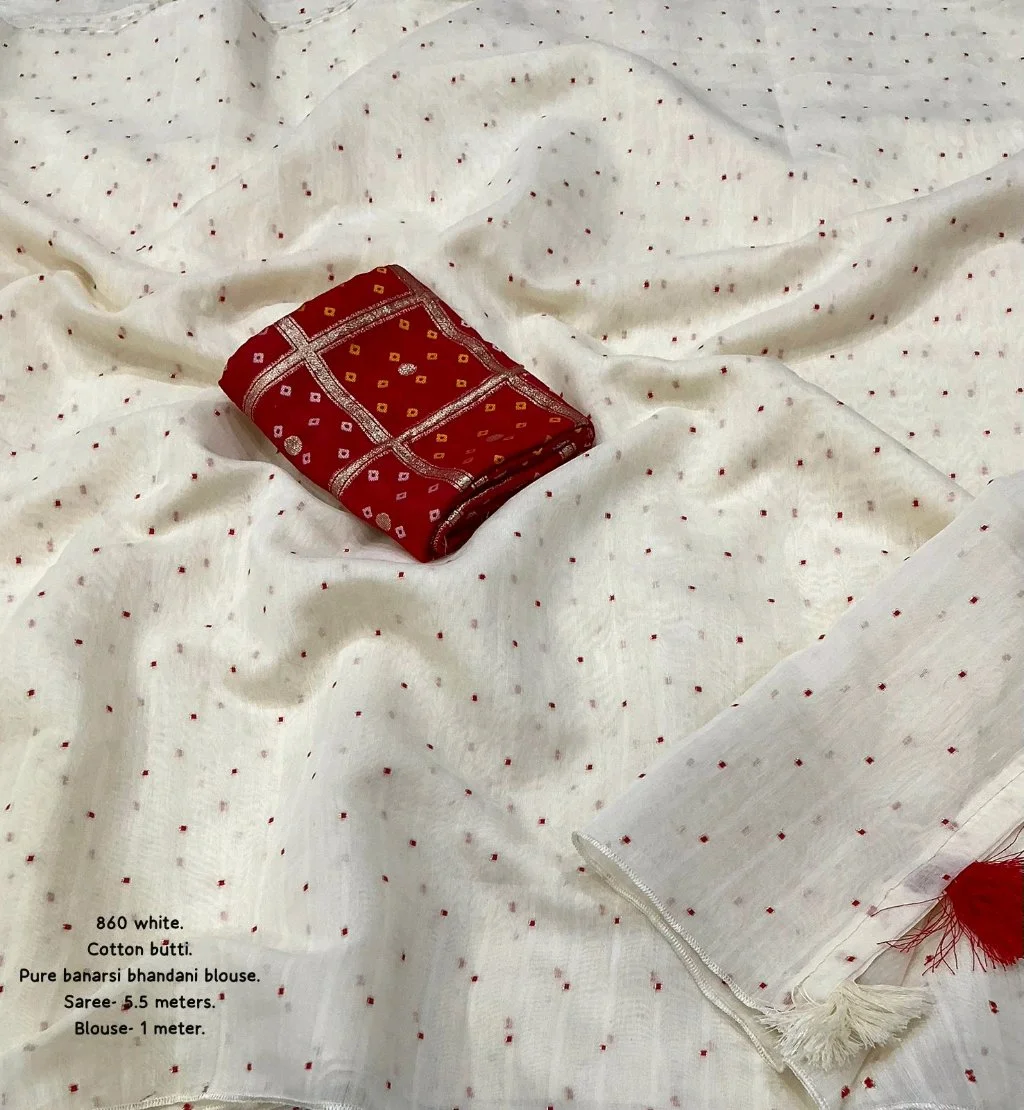White Cotton Butti Saree with Red Banarasi Bandhani Blouse 3
