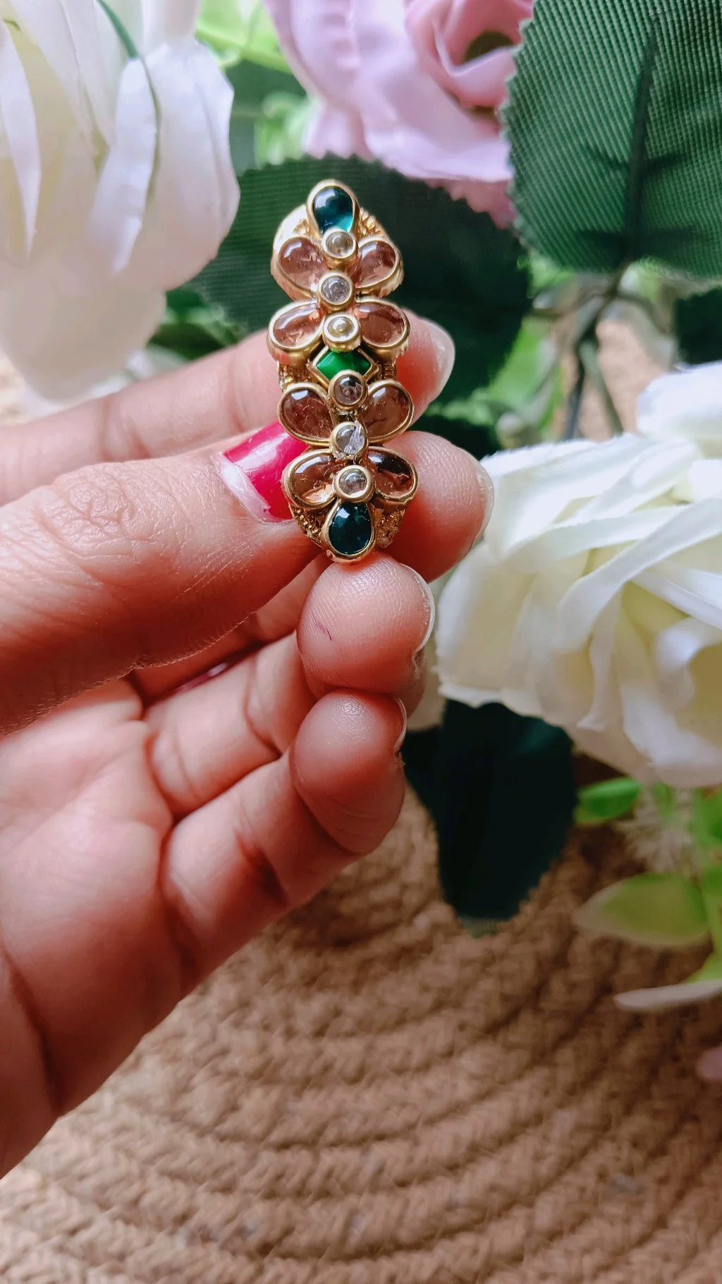 Gold Tone Floral Saree Brooch Pin with Multi-Color Stones thumbnail 3