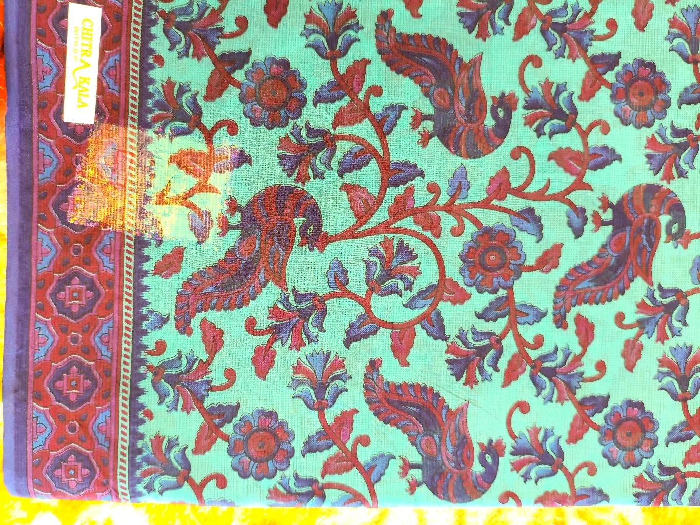 Chitra Kala Teal Cotton Saree with Peacock and Floral Print 2