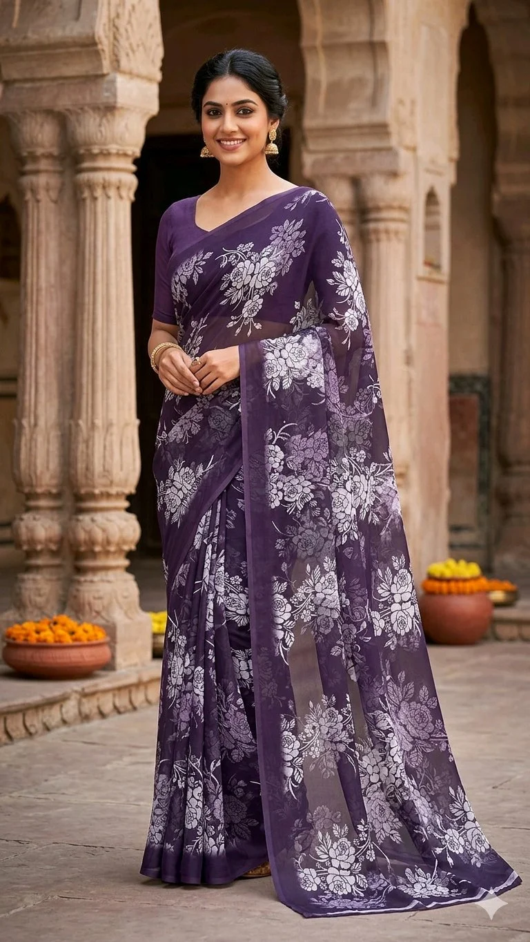 Combo Offer Purple & Light Green Floral Print Chiffon Saree 1