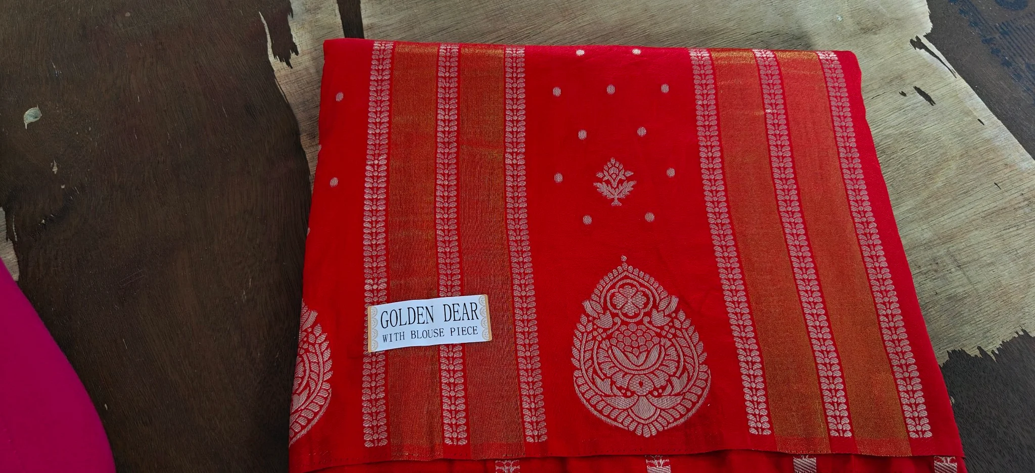 Golden Dear Red Saree with Zari Floral Motifs and Blouse Piece thumbnail 4