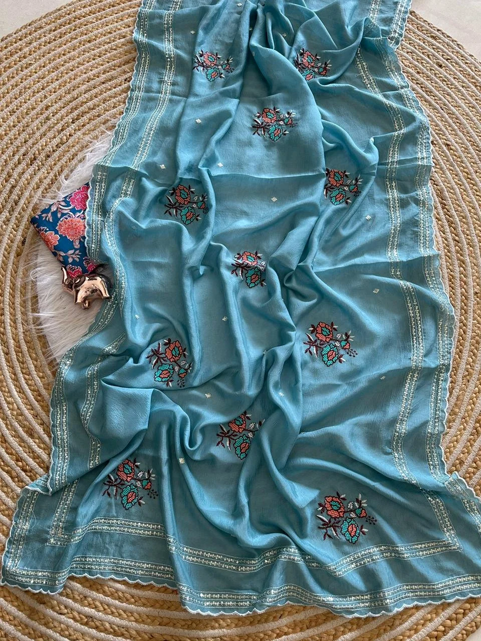 Pastel Soft Silk Blend Sarees with Scalloped Embroidered Border 10