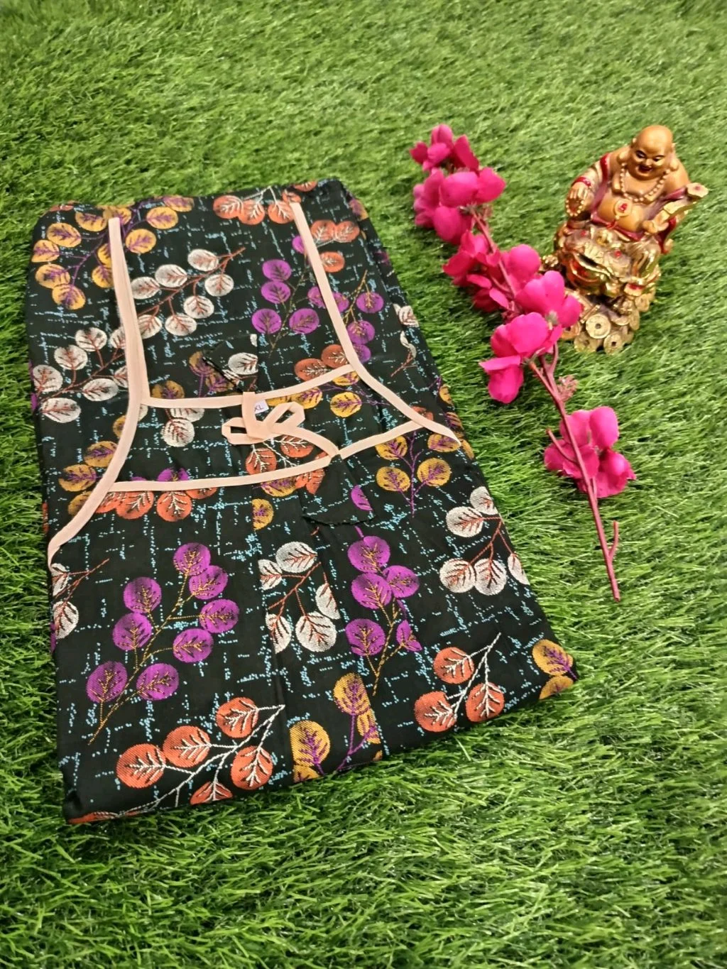 Black Floral Print Cotton Nighty with Pink Trim