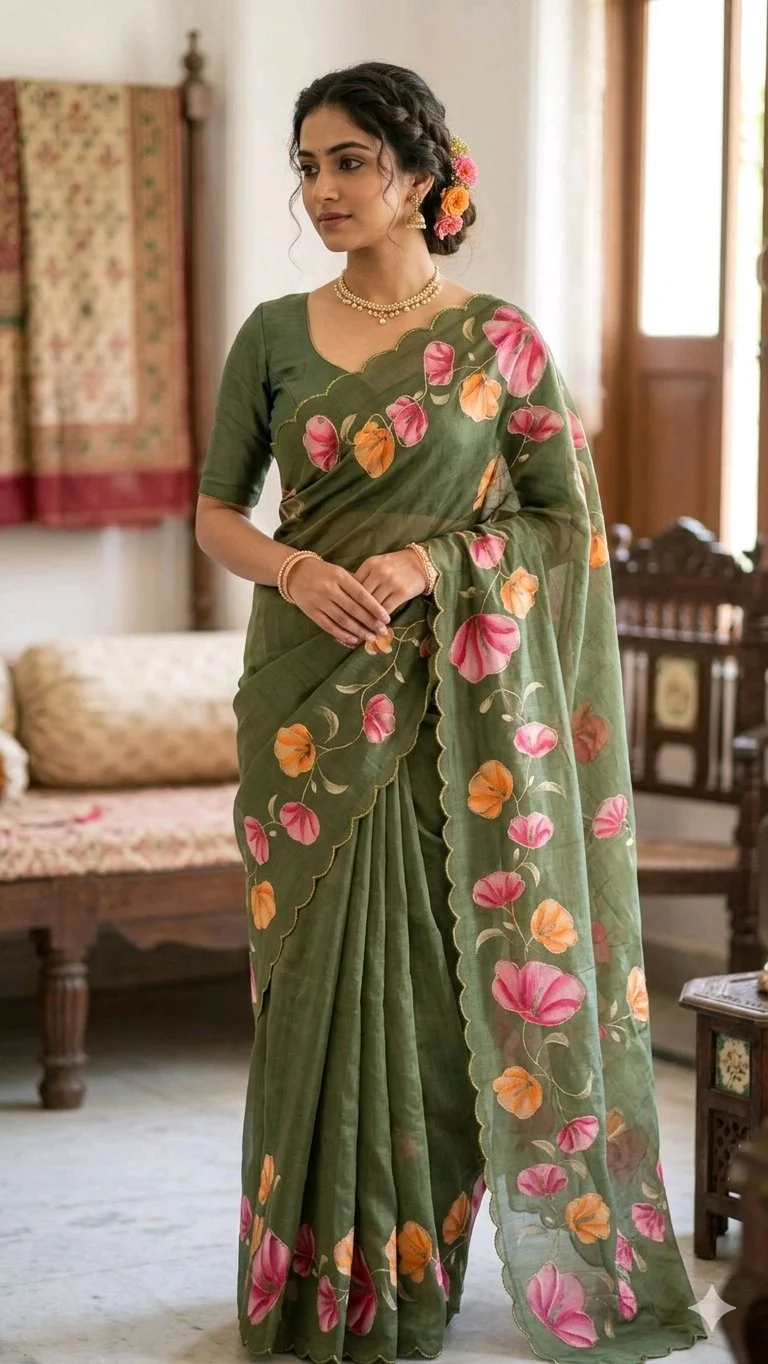 Lenin Cotton Olive Green Saree 1