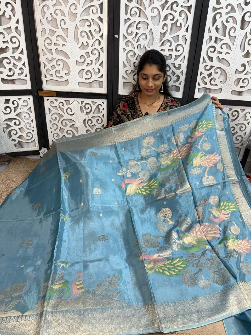 Light Blue Silk Blend Saree with Bird Motifs and Zari Border thumbnail 2