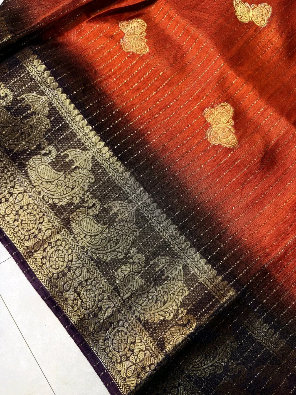 Ombre Silk Saree with Zari Butterfly Motifs and Peacock Border 4
