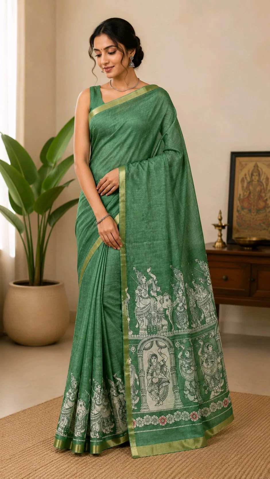 Green Kalamkari Print Linen Maheshwari Saree thumbnail 1