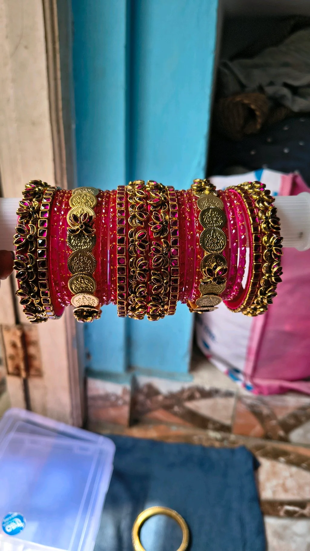 Pink and Gold Toned Lakshmi Coin Bangle Set 2