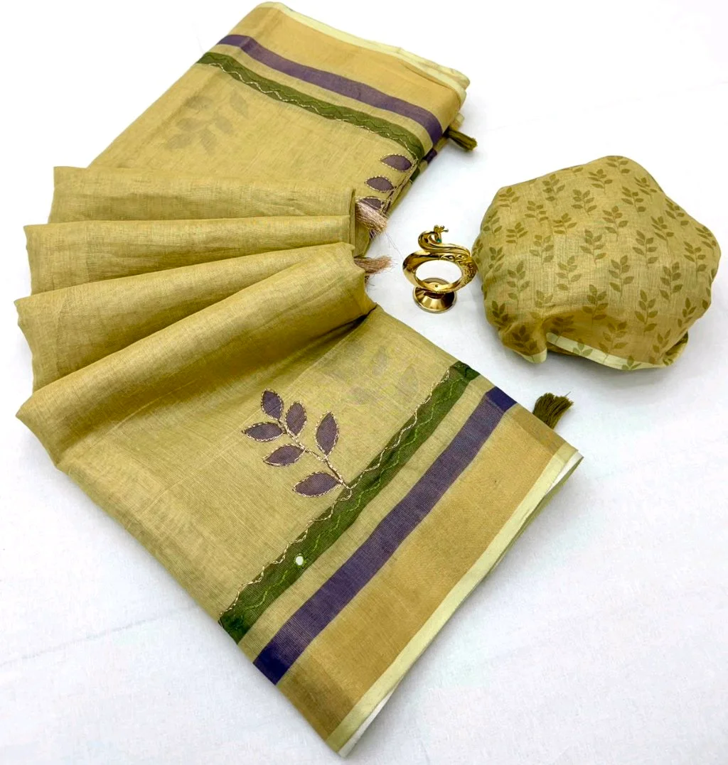 Pink Linen Blend Saree with Leaf Embroidery and Striped Border thumbnail 5