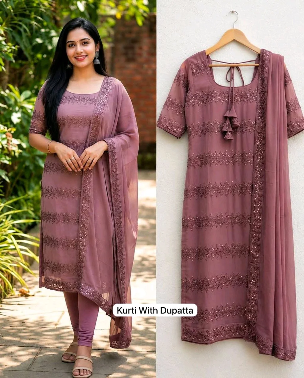 Mauve Embroidered Kurti Set with Dupatta thumbnail 1