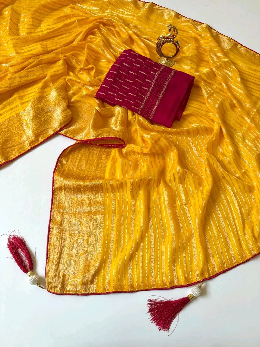 Yellow Zari Woven Saree with Maroon Sequin Blouse Piece thumbnail 8