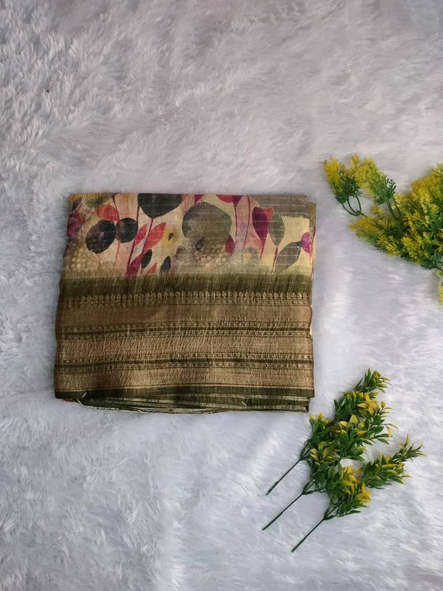 Orange, Green, Onion Floral Print Saree with Textured Zari Border thumbnail 2