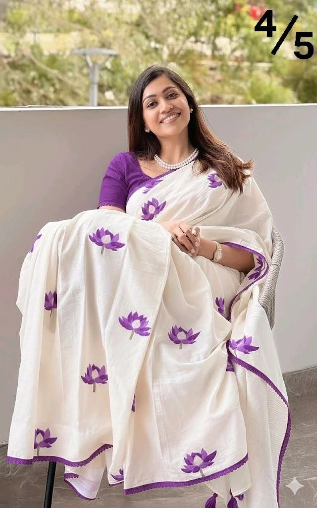 White Lenin Saree with Purple Lotus Motifs and Crochet Border 8