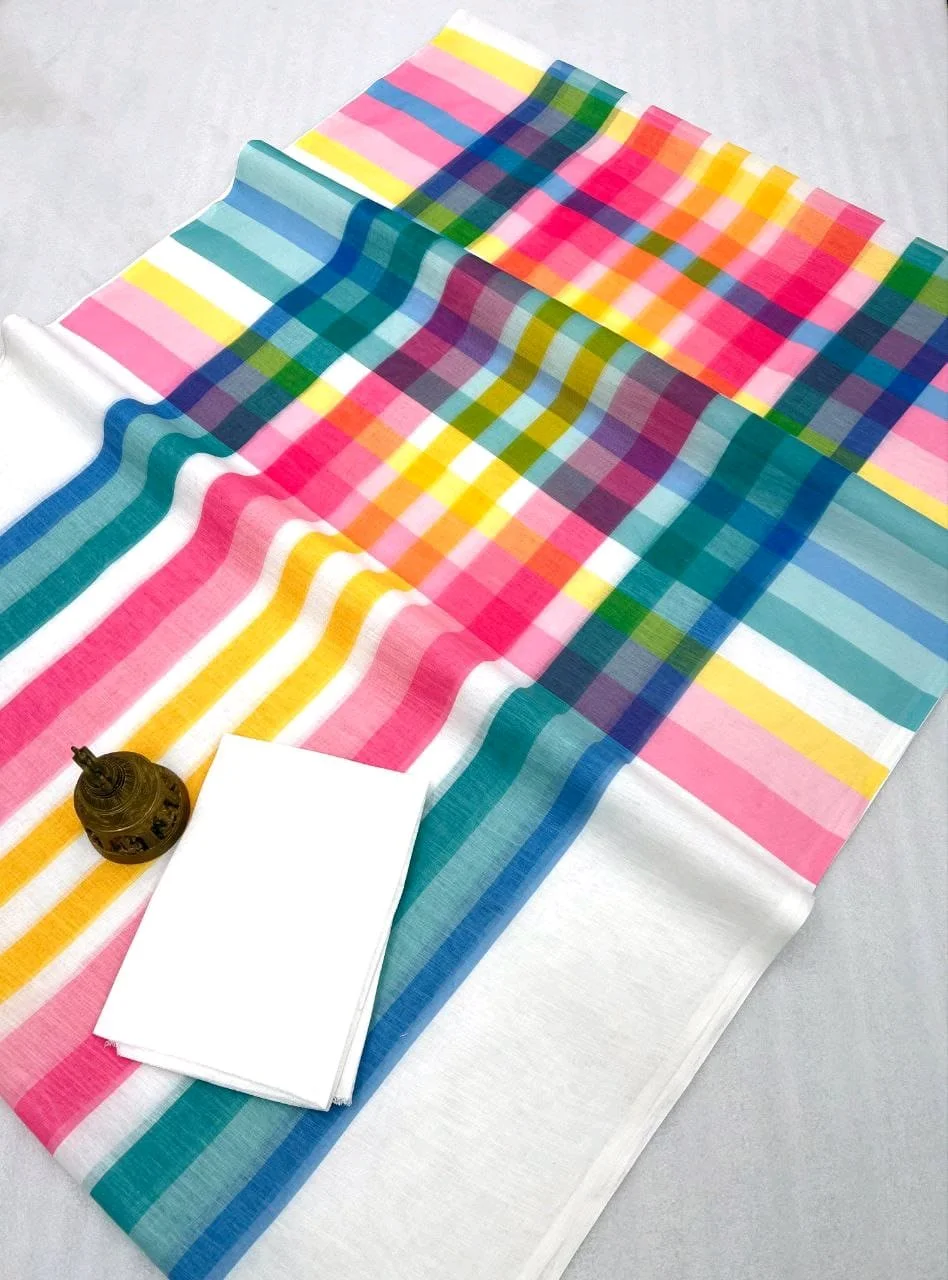 Vibrant Multicolor Plain Linen Cotton Saree with Tassels thumbnail 7